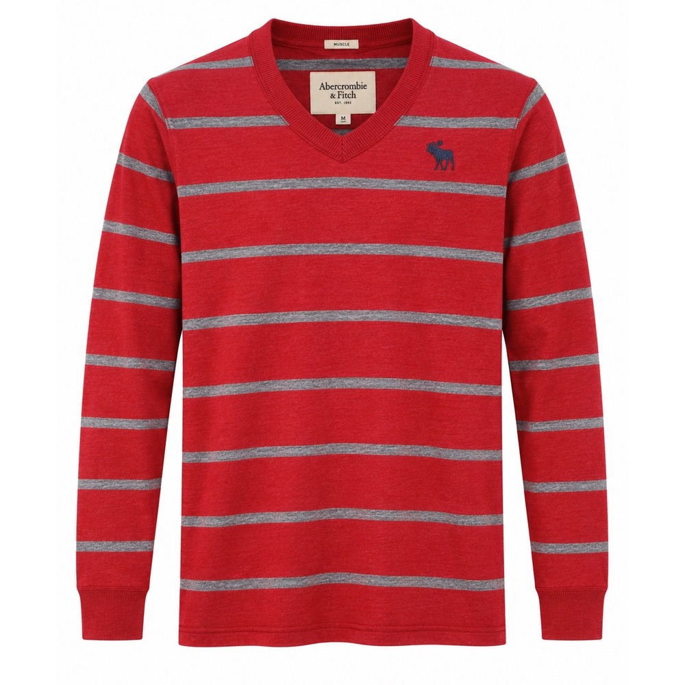 Abercrombie & Fitch Mens Muscle Fit V-Neck Striped Long Sleeve Shirt Red Gray L!